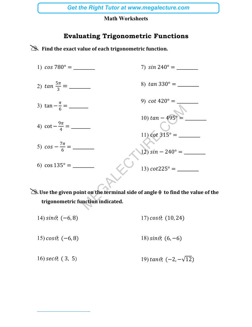Page 1 of Evaluating Trigonometric Functions