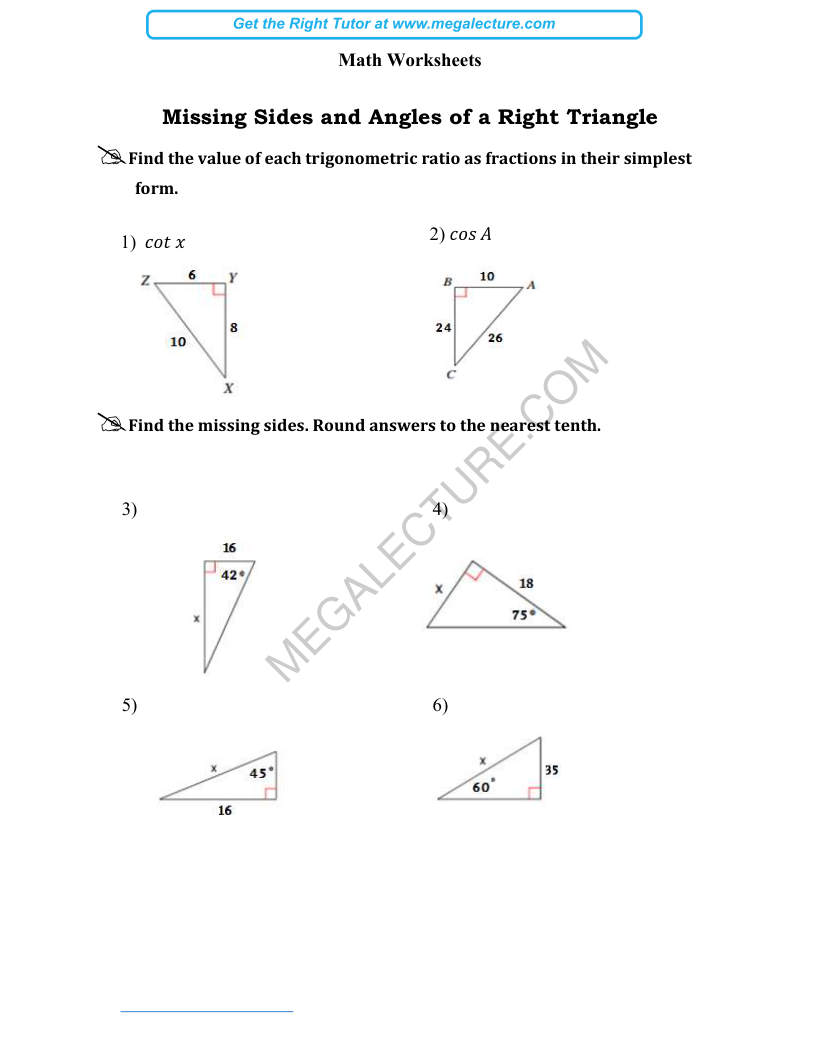 Page 1 of Missing Sides And Angles Of A Right Triangle