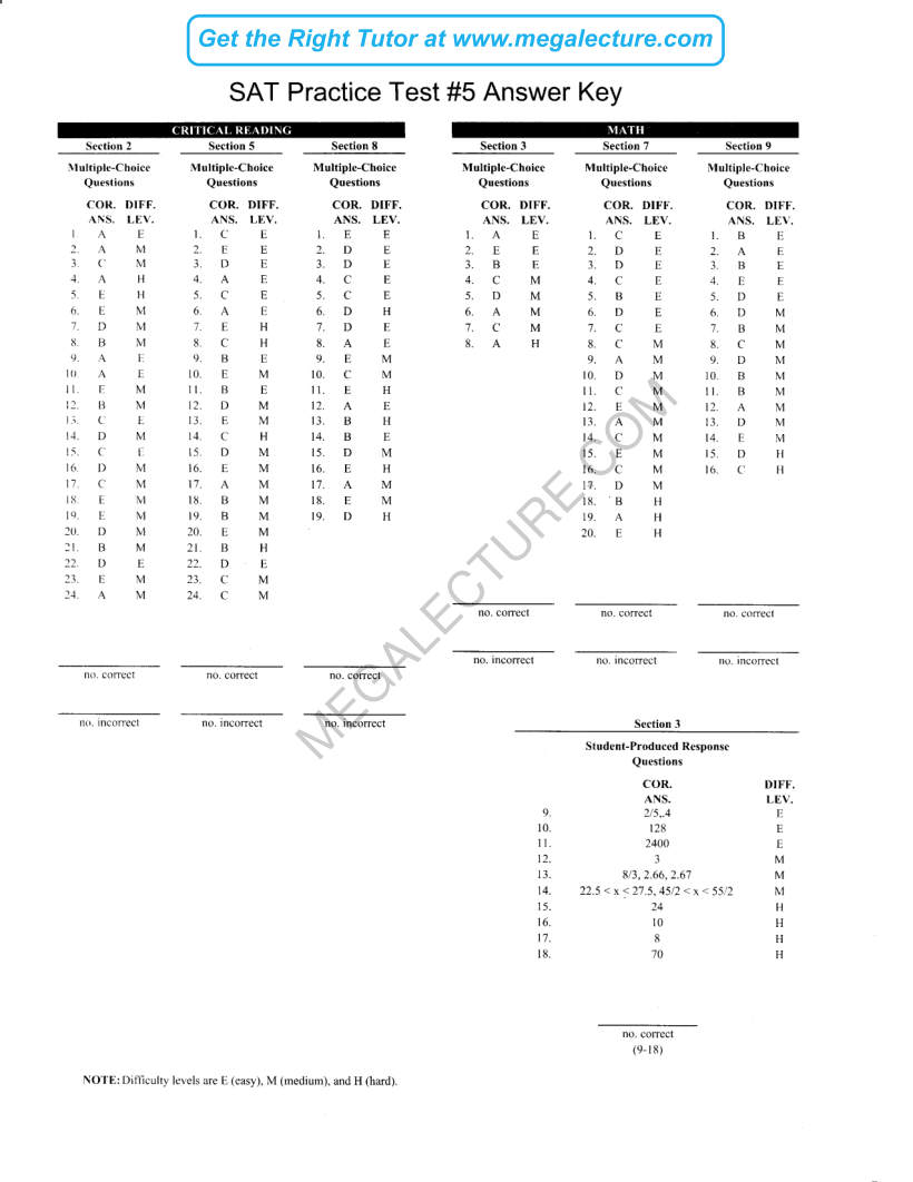 Page 1 of Real SAT Paper 5 — Answers