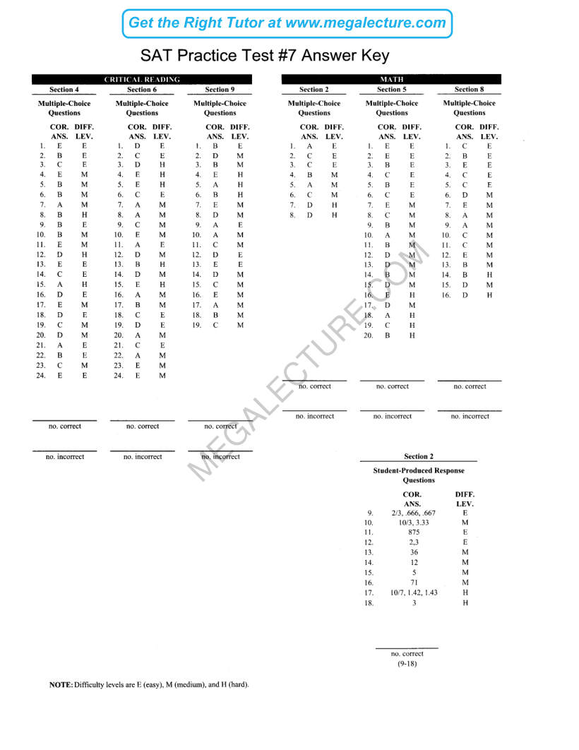 Page 1 of Real SAT Paper 7 — Answers