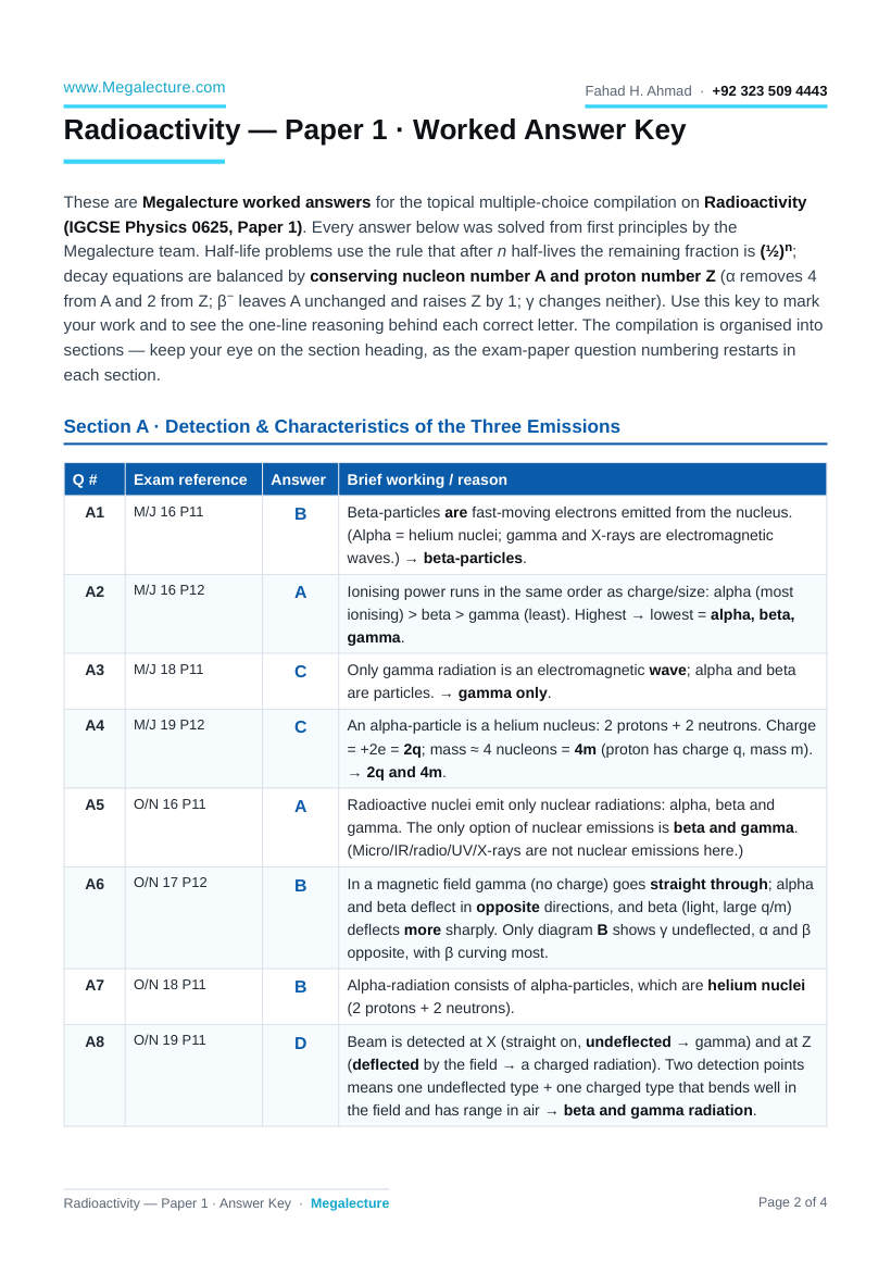 Page 2 of IGCSE Physics Radioactivity: Paper 1 MCQ Answer Key