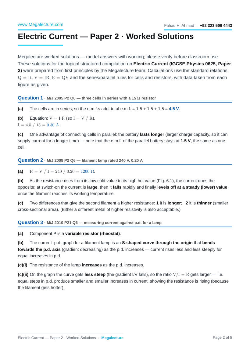 Page 2 of IGCSE Physics Electric Current: Paper 2 Worked Solutions