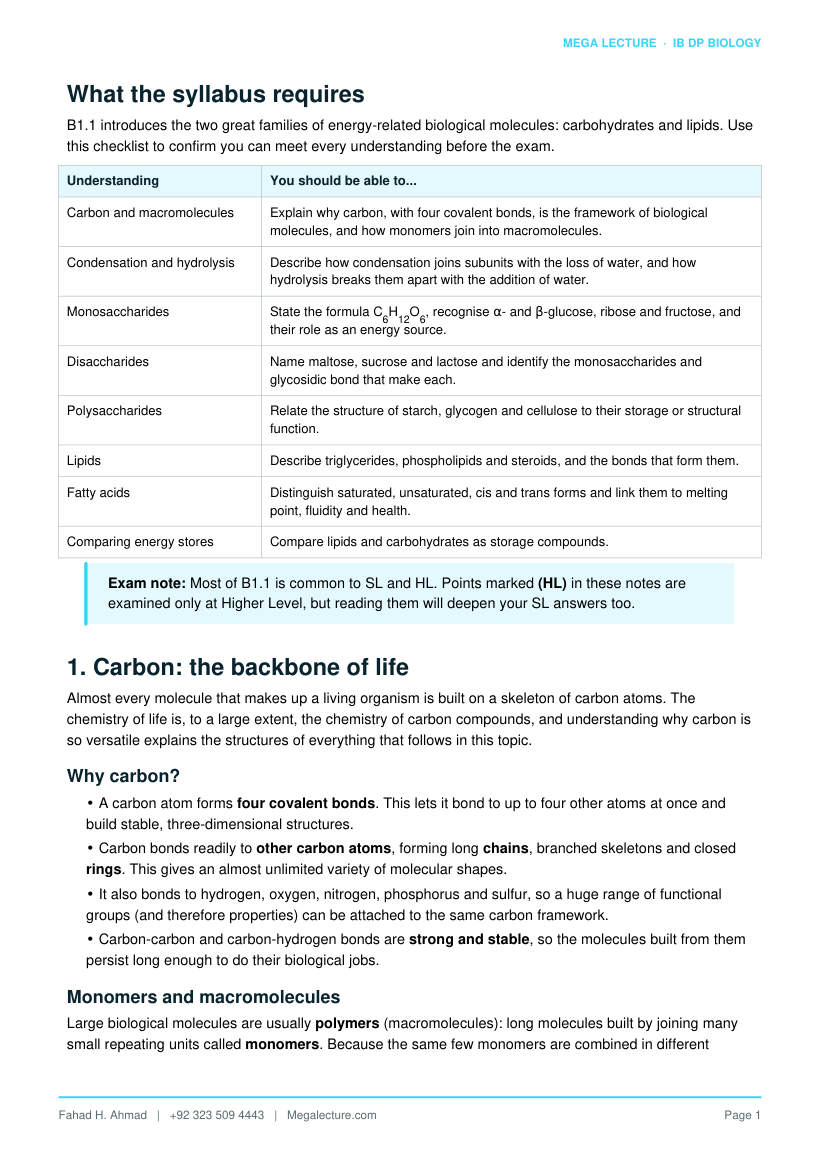 Page 2 of B1.1 Carbohydrates and Lipids