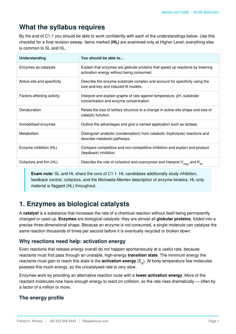 Page 2 of C1.1 Enzymes and Metabolism