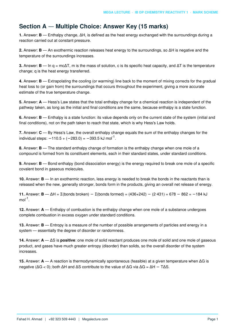 Page 2 of Reactivity 1 Mark Scheme
