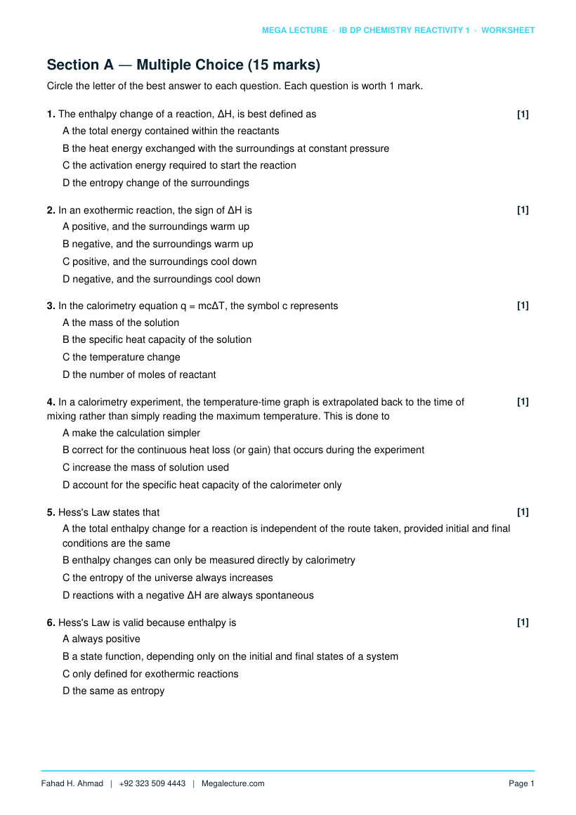 Page 2 of Reactivity 1 Worksheet