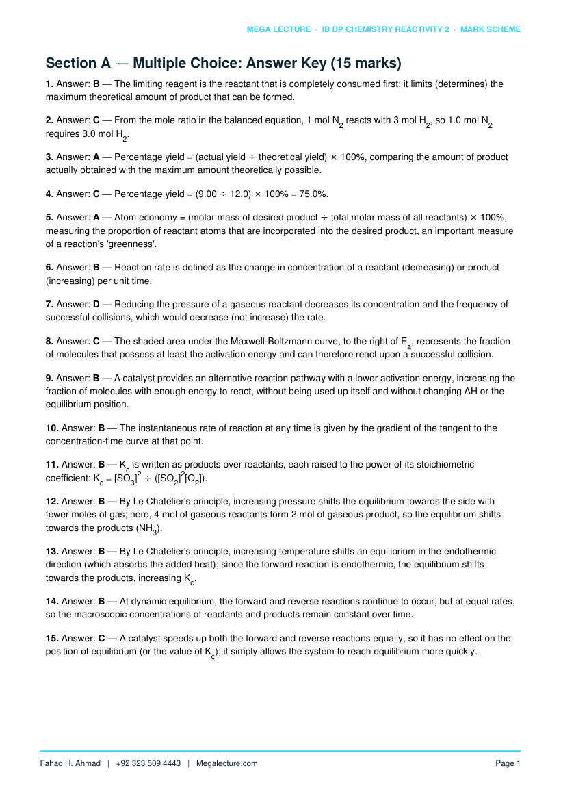 Page 2 of Reactivity 2 Mark Scheme