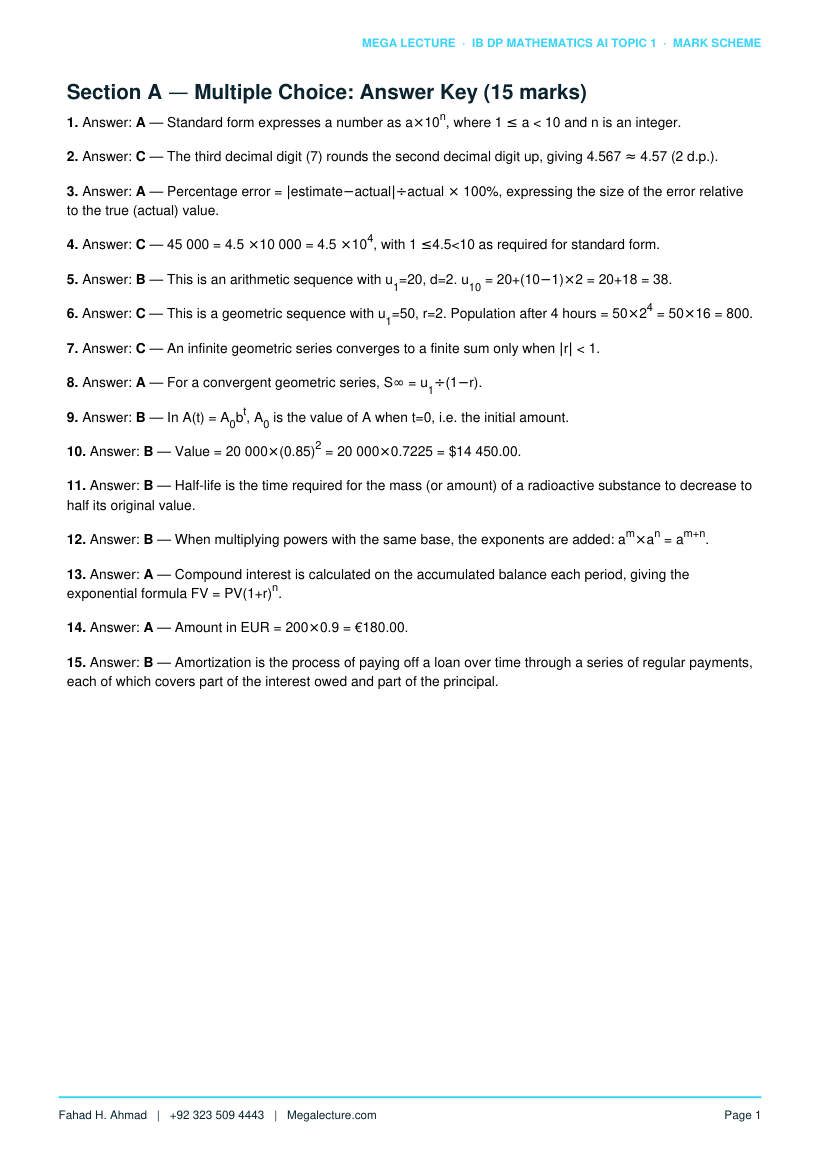 Page 2 of Topic 1 Mark Scheme