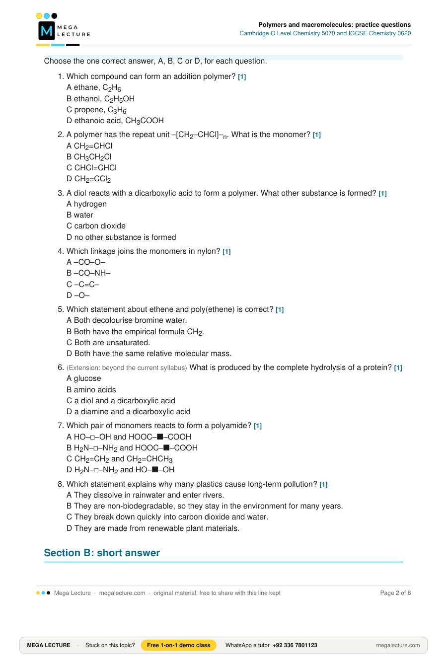 Page 2 of Polymers and macromolecules: practice questions