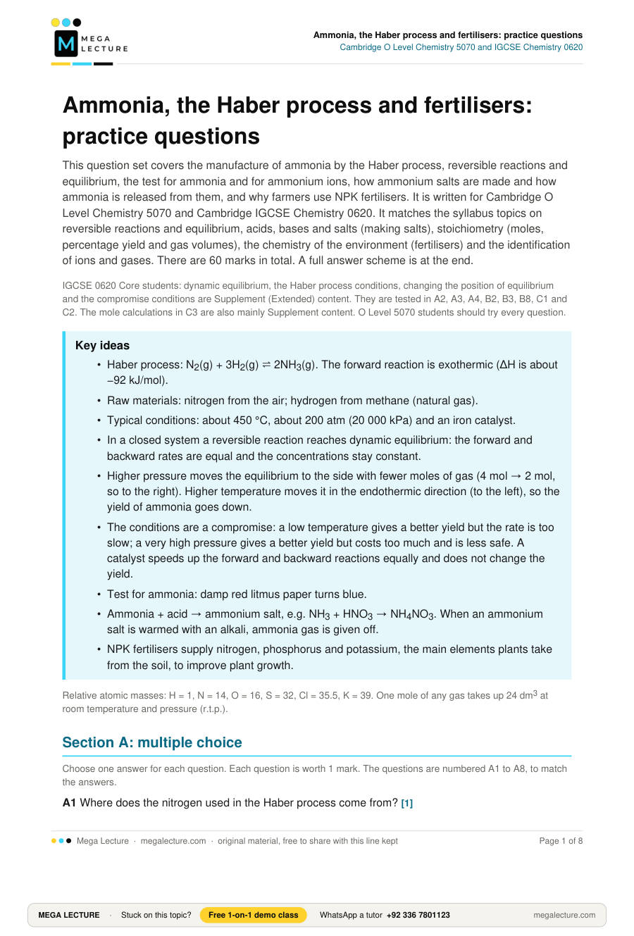 Page 1 of Ammonia, the Haber process and fertilisers: practice questions