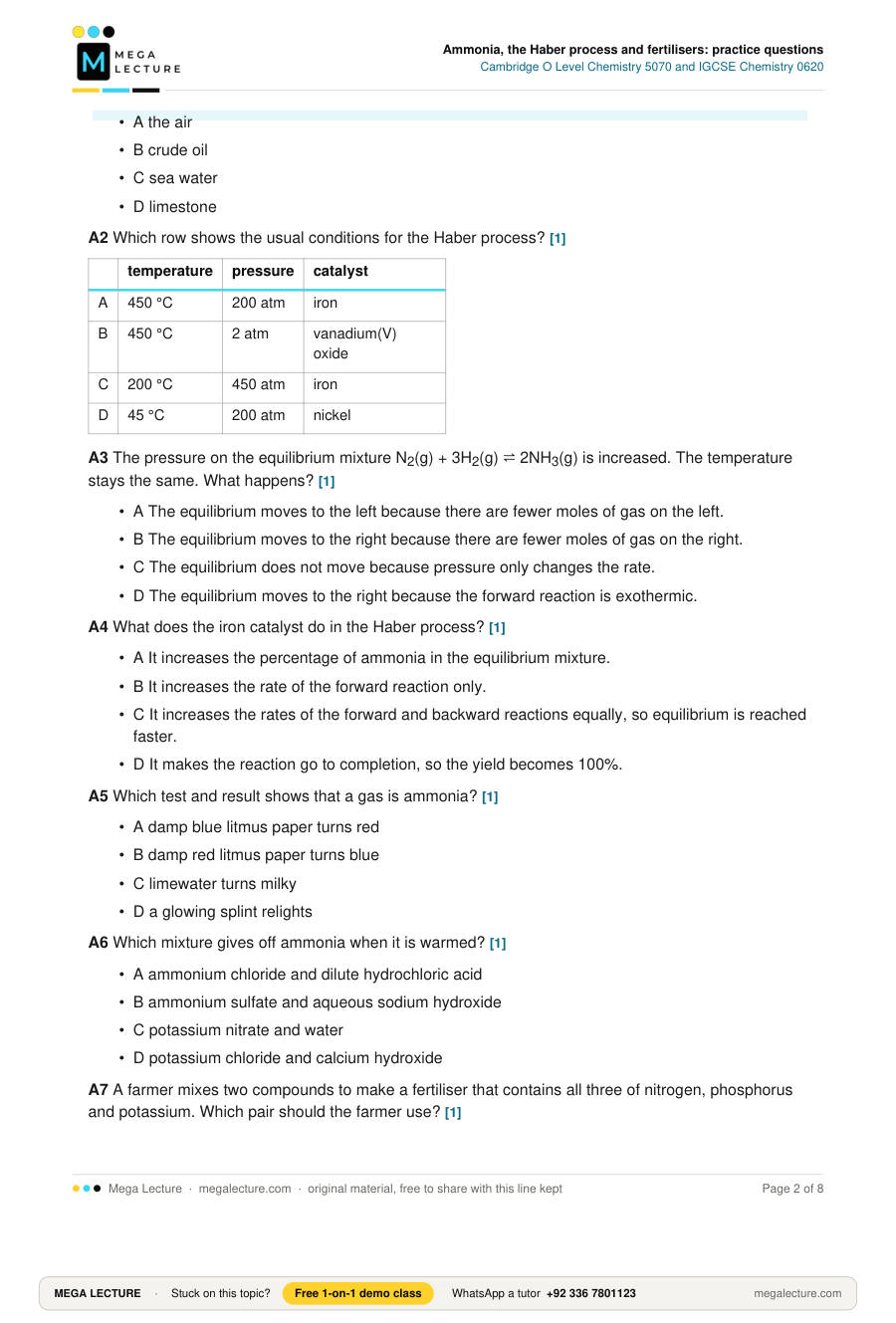 Page 2 of Ammonia, the Haber process and fertilisers: practice questions