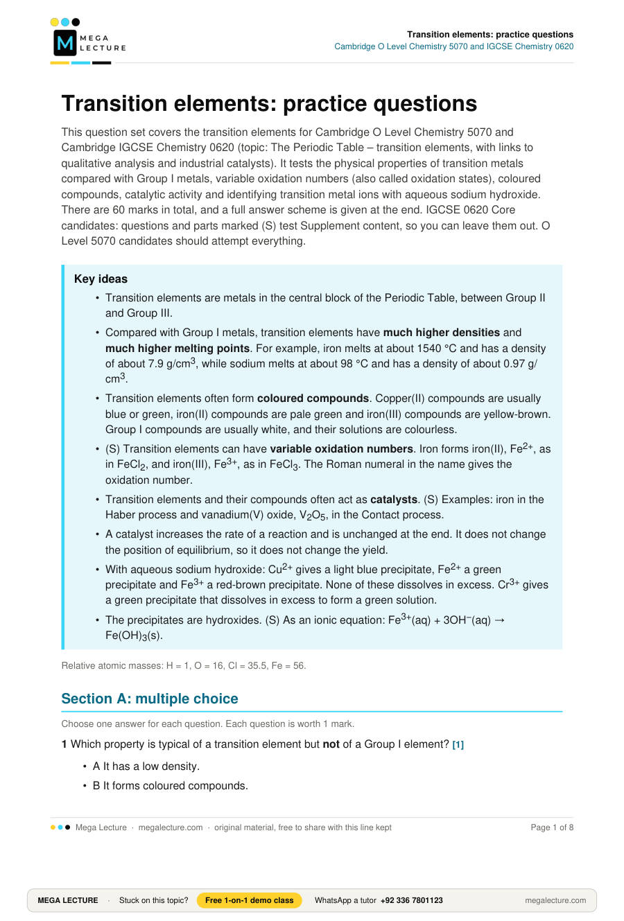 Page 1 of Transition elements: practice questions