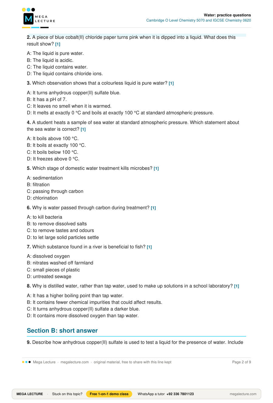 Page 2 of Water: practice questions