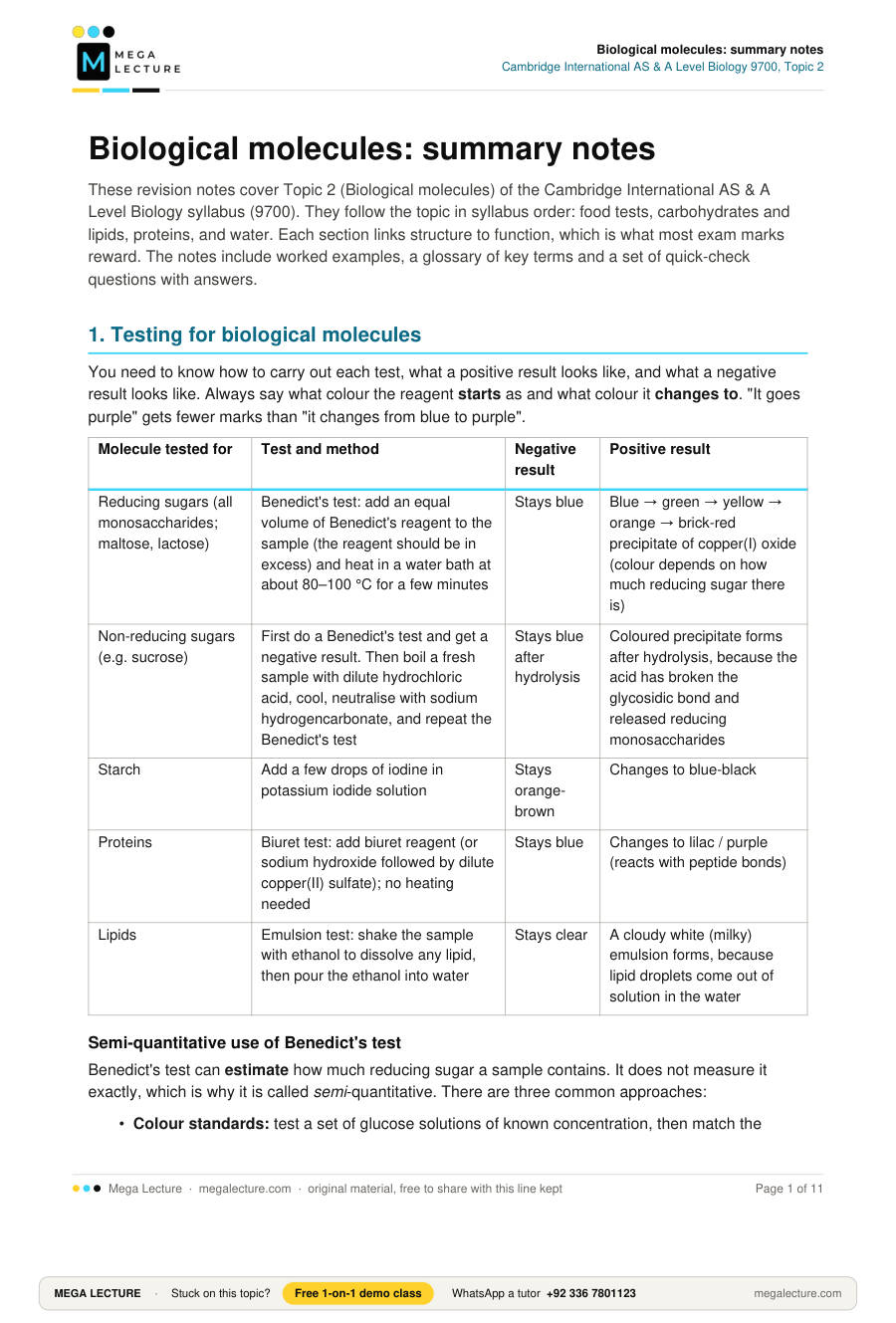 Page 1 of Biological molecules: summary notes