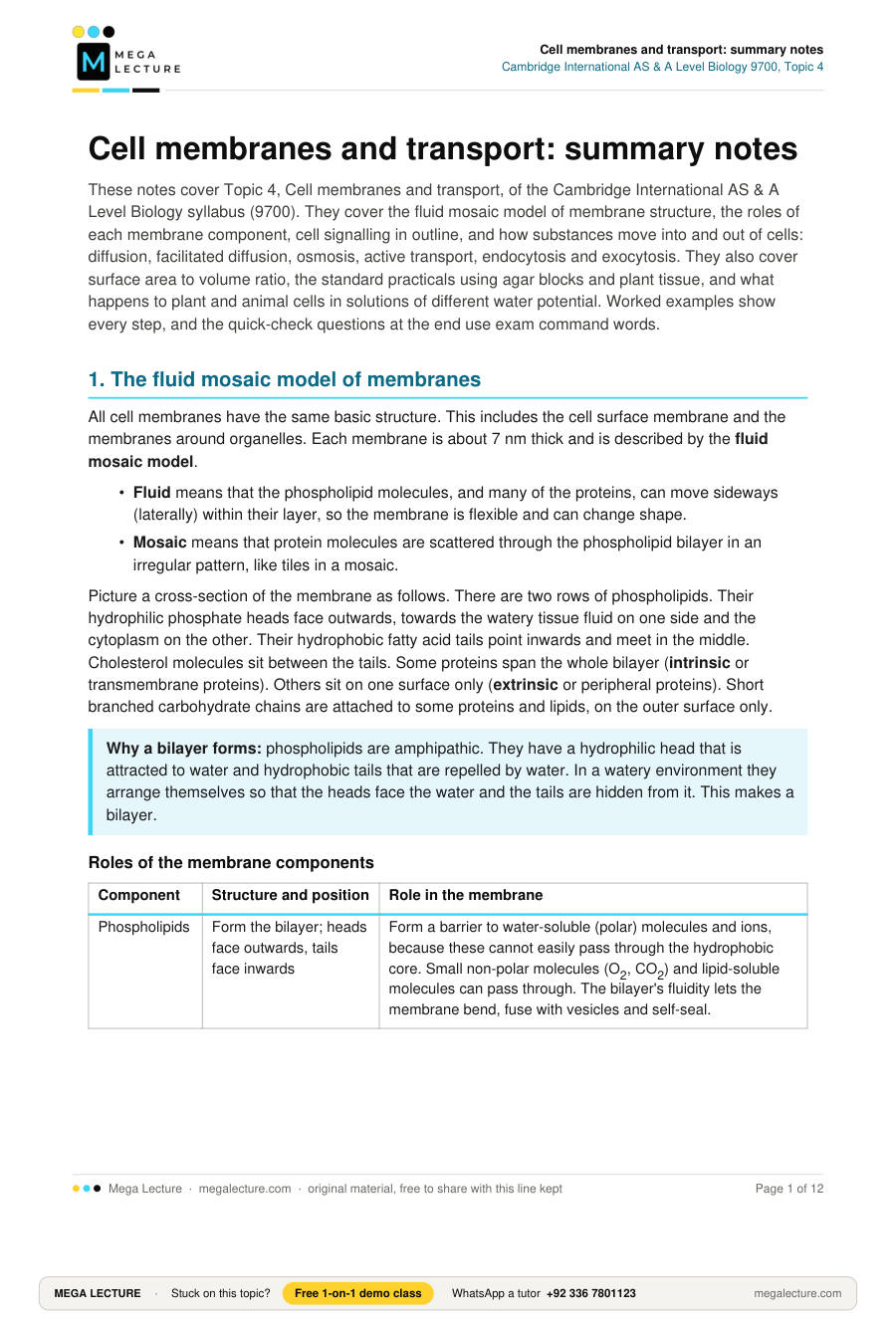 Page 1 of Cell membranes and transport: summary notes