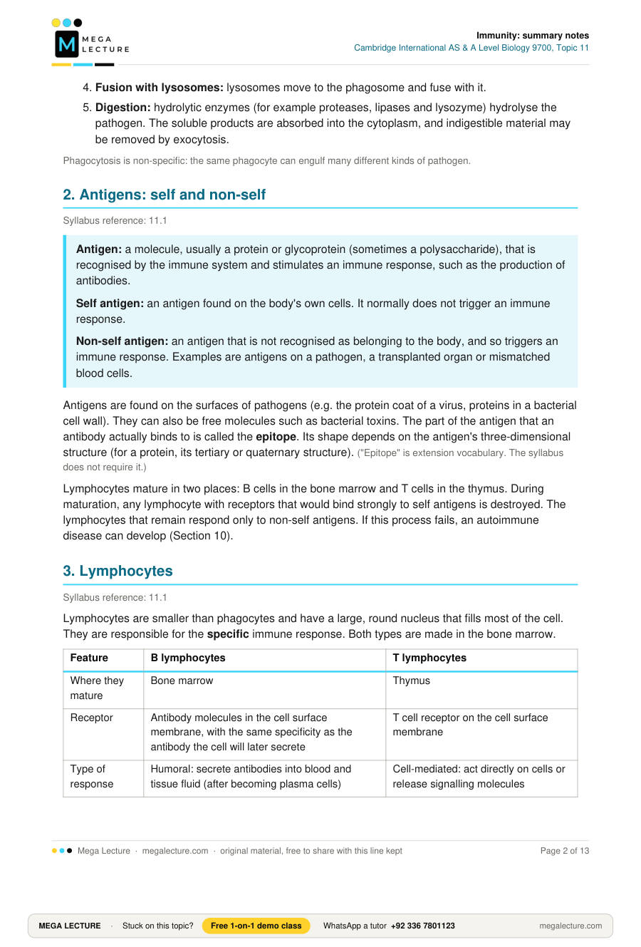 Page 2 of Immunity: summary notes