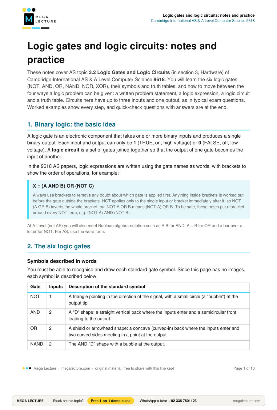 Page 1 of Logic gates and logic circuits: notes and practice