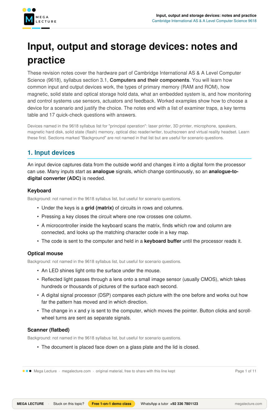 Page 1 of Input, output and storage devices: notes and practice