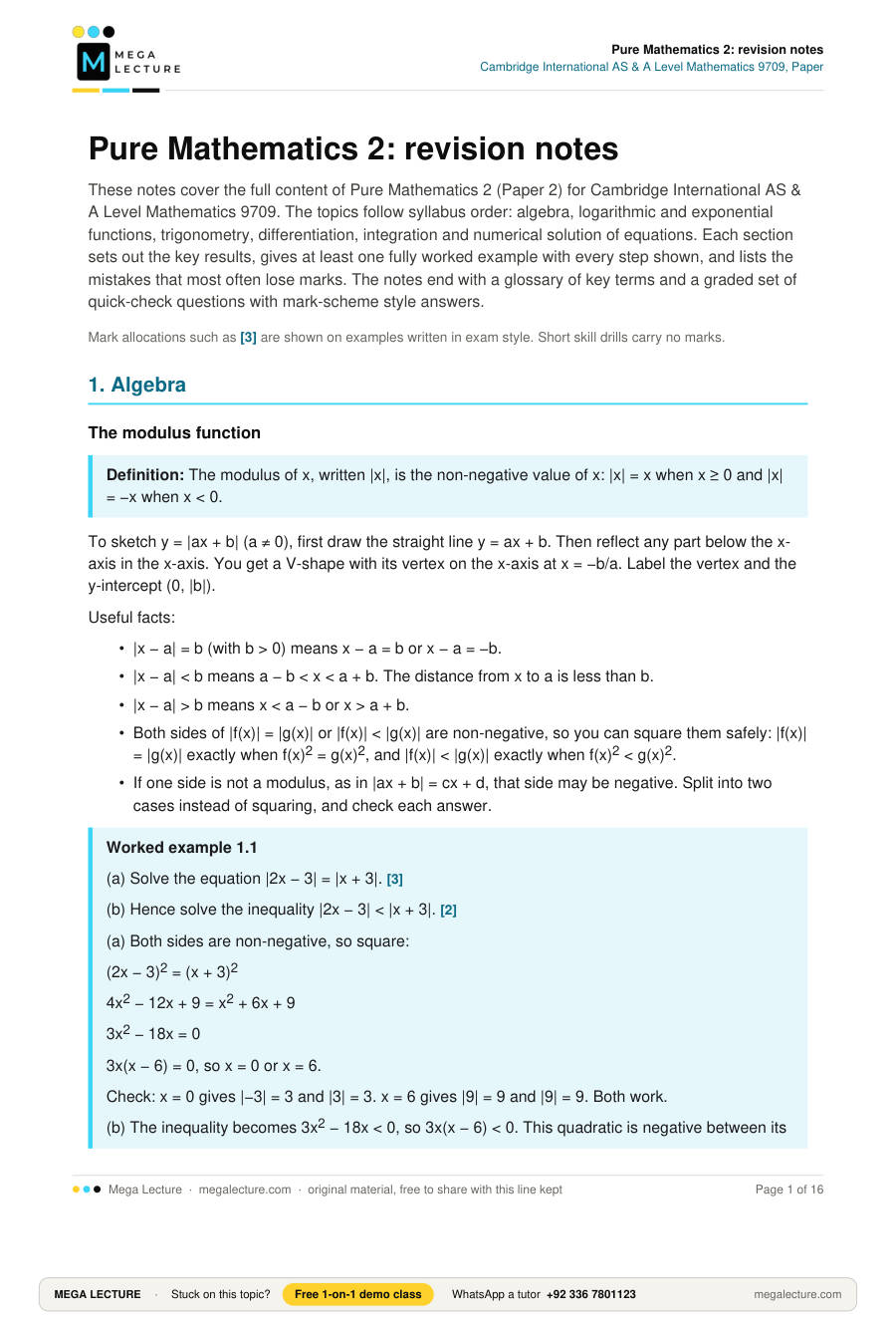 Page 1 of Pure Mathematics 2: revision notes