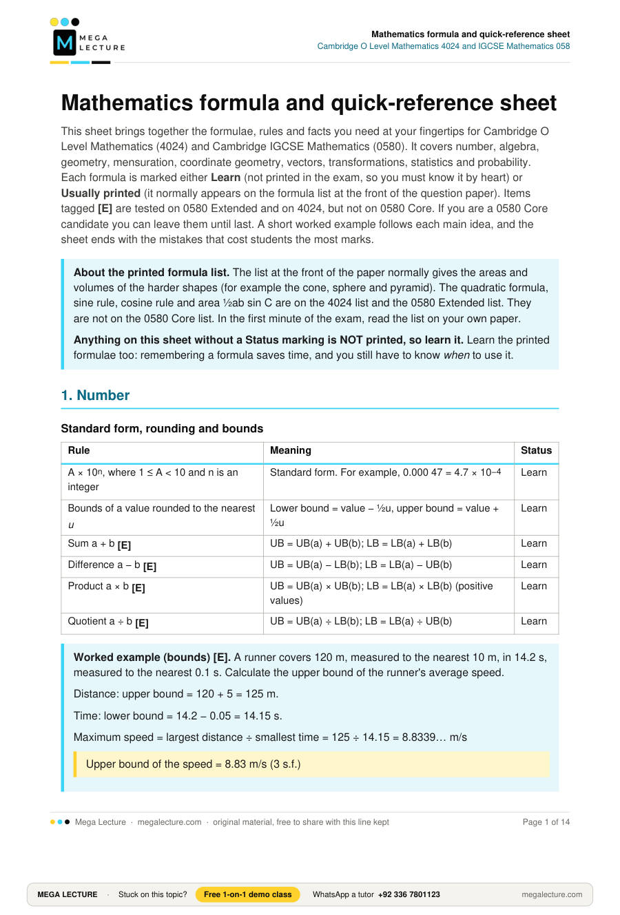 Page 1 of Mathematics formula and quick-reference sheet