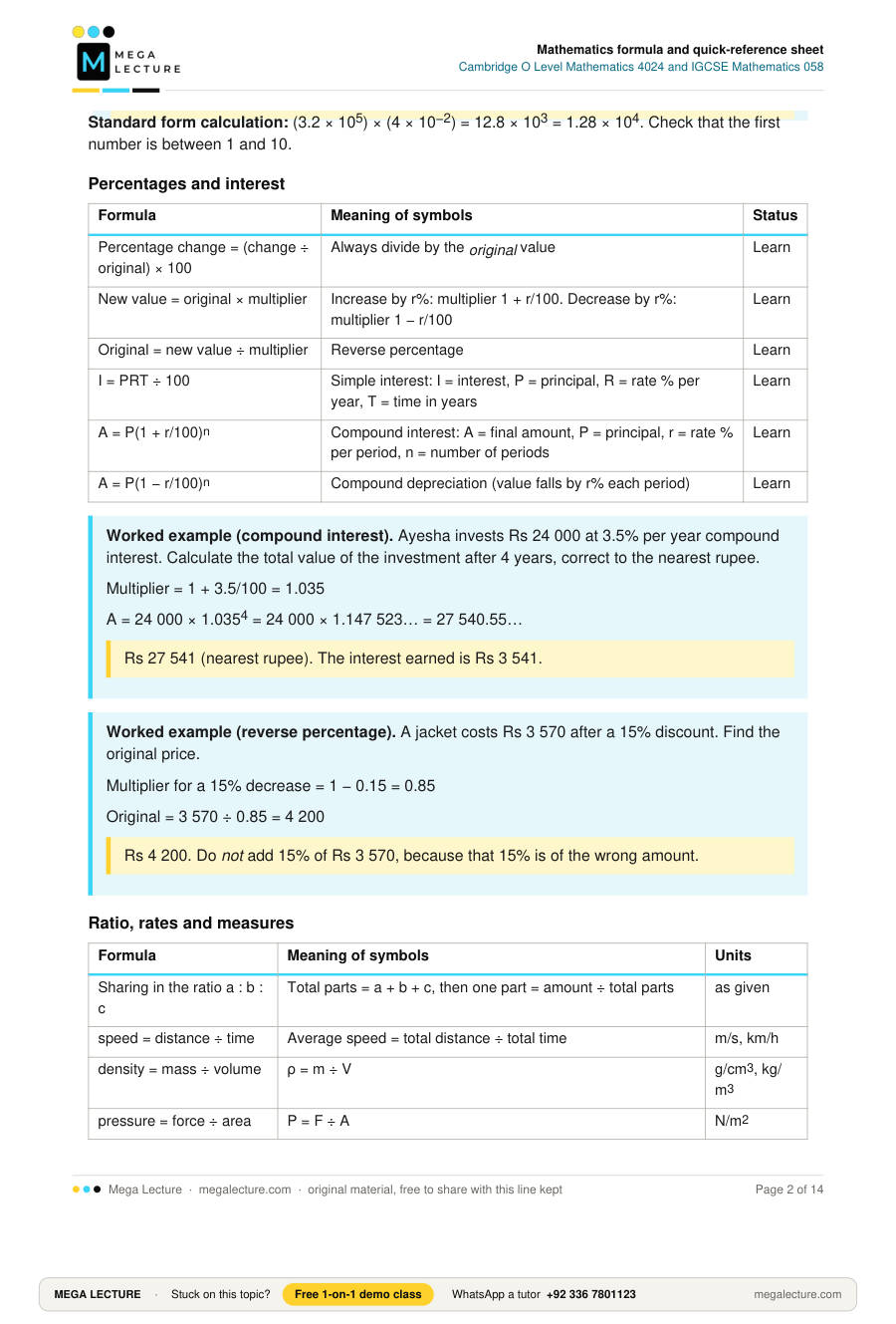 Page 2 of Mathematics formula and quick-reference sheet