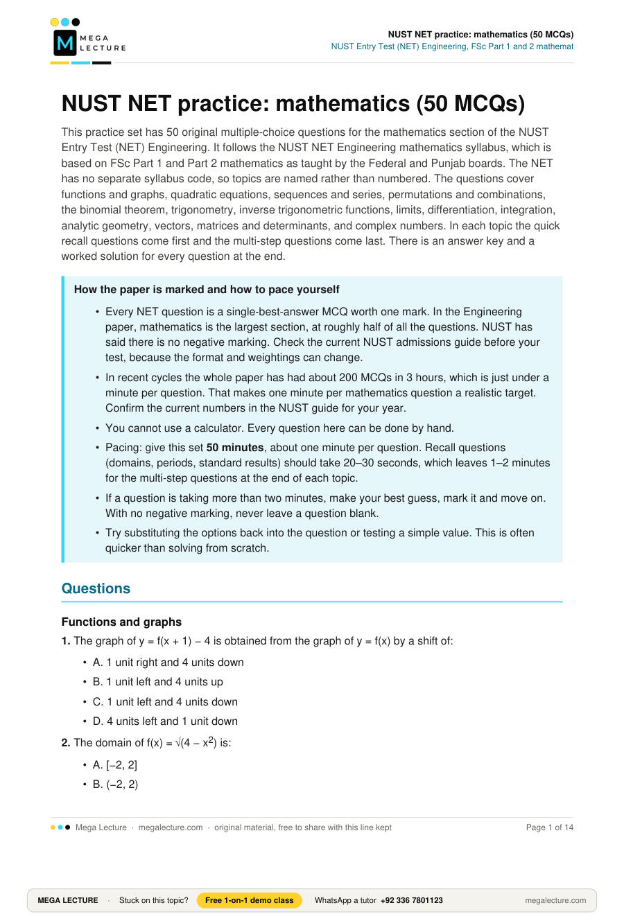 Page 1 of NUST NET practice: mathematics (50 MCQs)