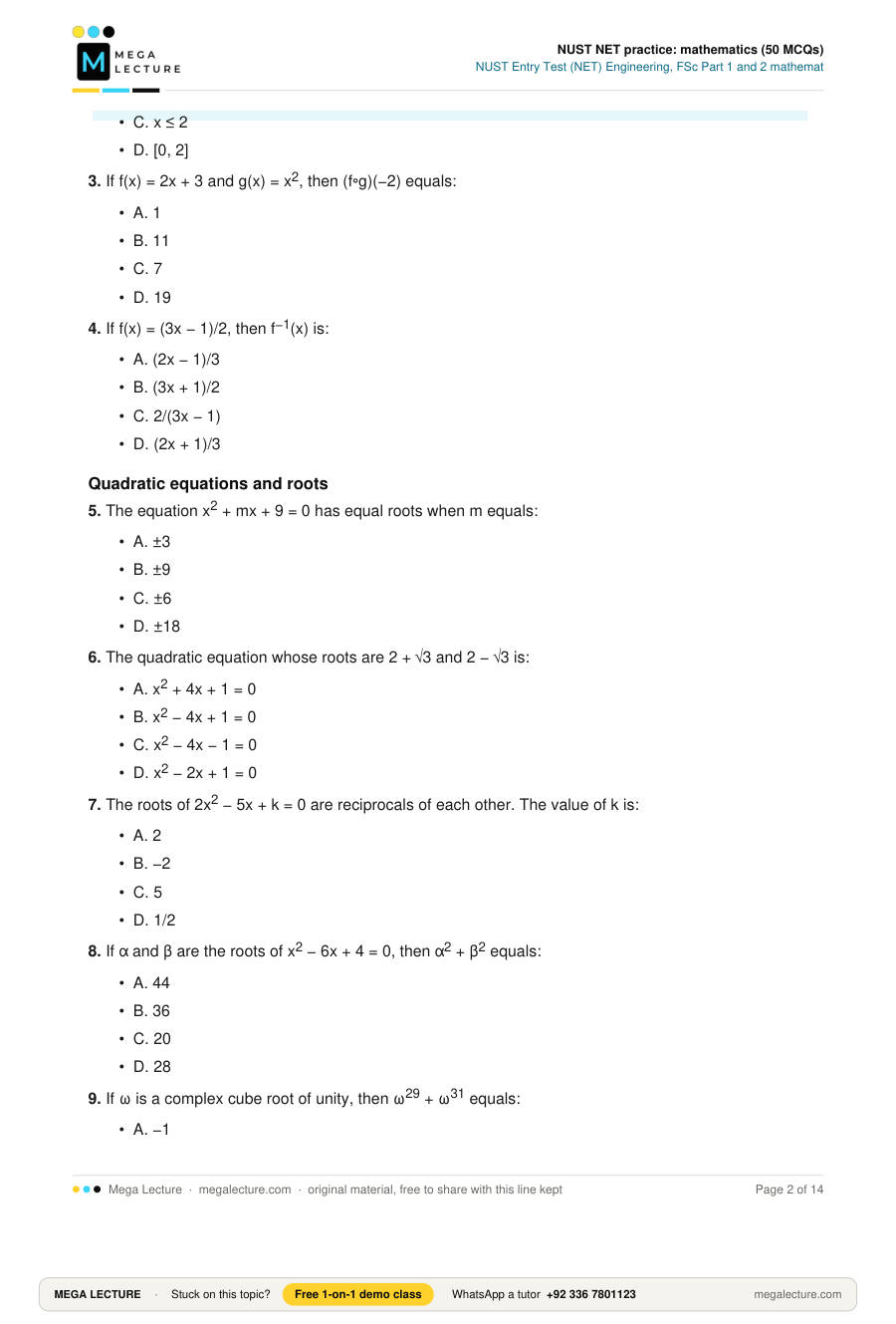 Page 2 of NUST NET practice: mathematics (50 MCQs)