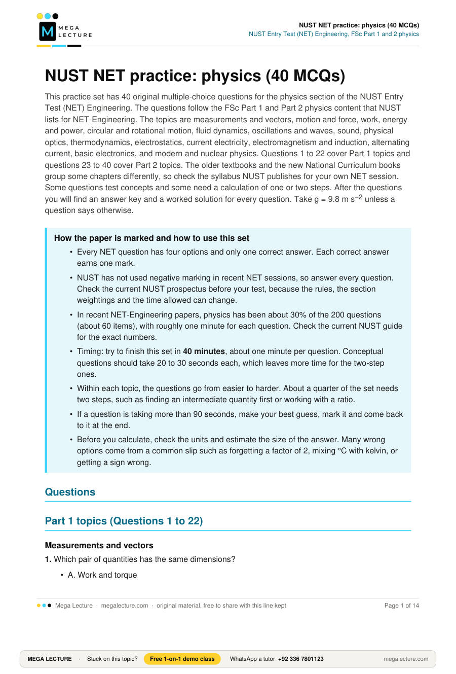 Page 1 of NUST NET practice: physics (40 MCQs)