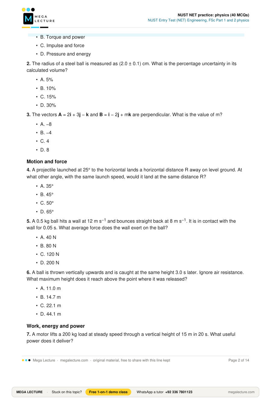 Page 2 of NUST NET practice: physics (40 MCQs)