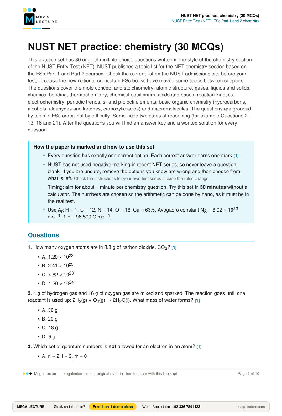 Page 1 of NUST NET practice: chemistry (30 MCQs)