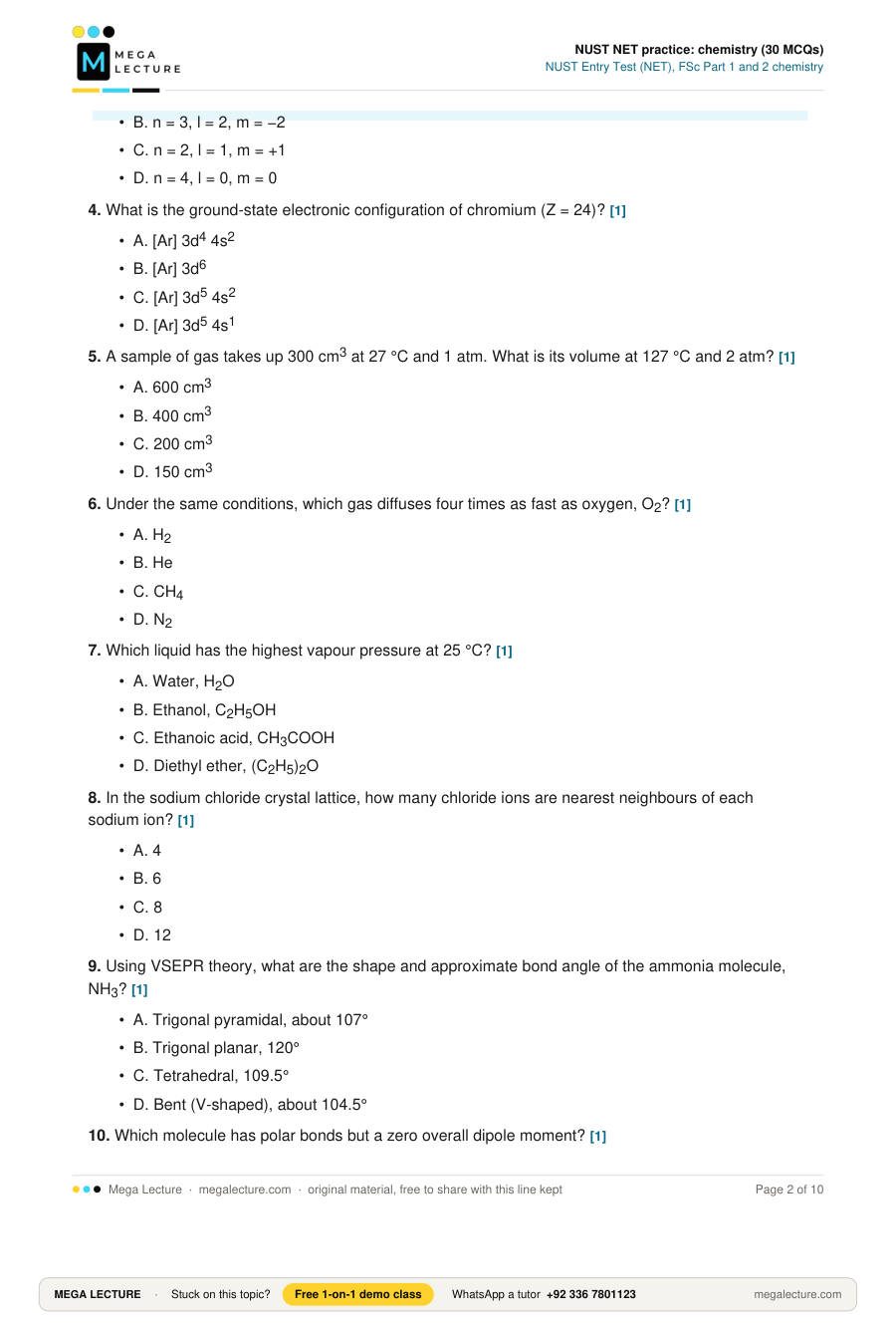 Page 2 of NUST NET practice: chemistry (30 MCQs)