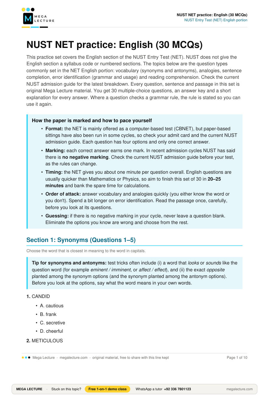 Page 1 of NUST NET practice: English (30 MCQs)