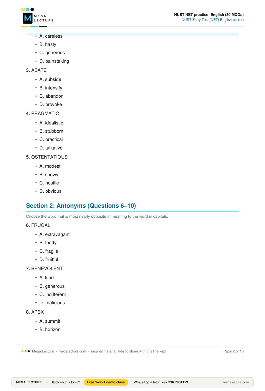 Page 2 of NUST NET practice: English (30 MCQs)