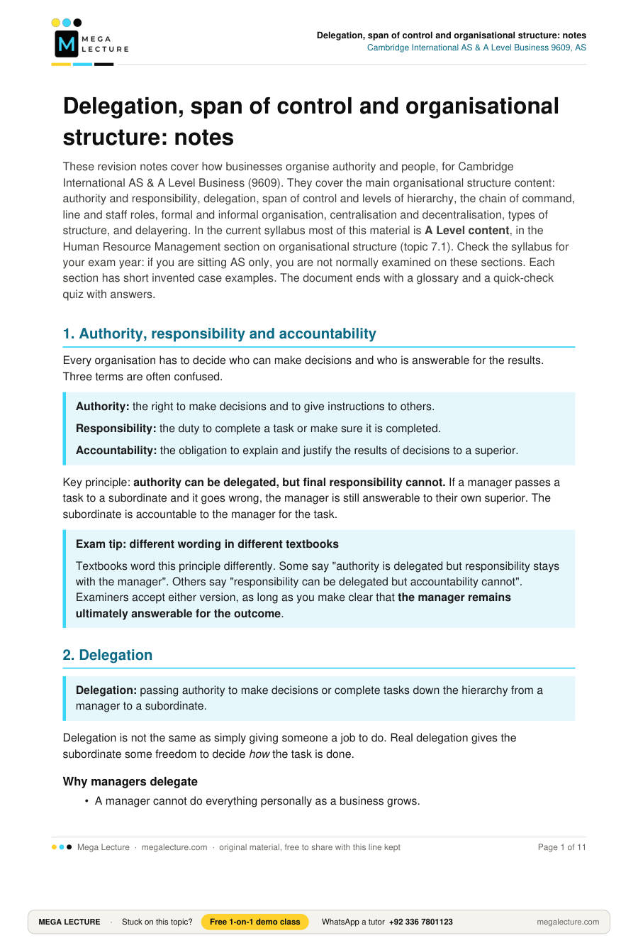 Page 1 of Delegation, span of control and organisational structure: notes