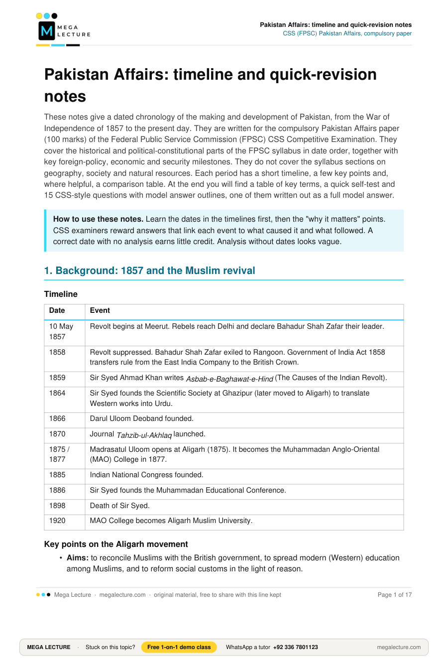 Page 1 of Pakistan Affairs: timeline and quick-revision notes