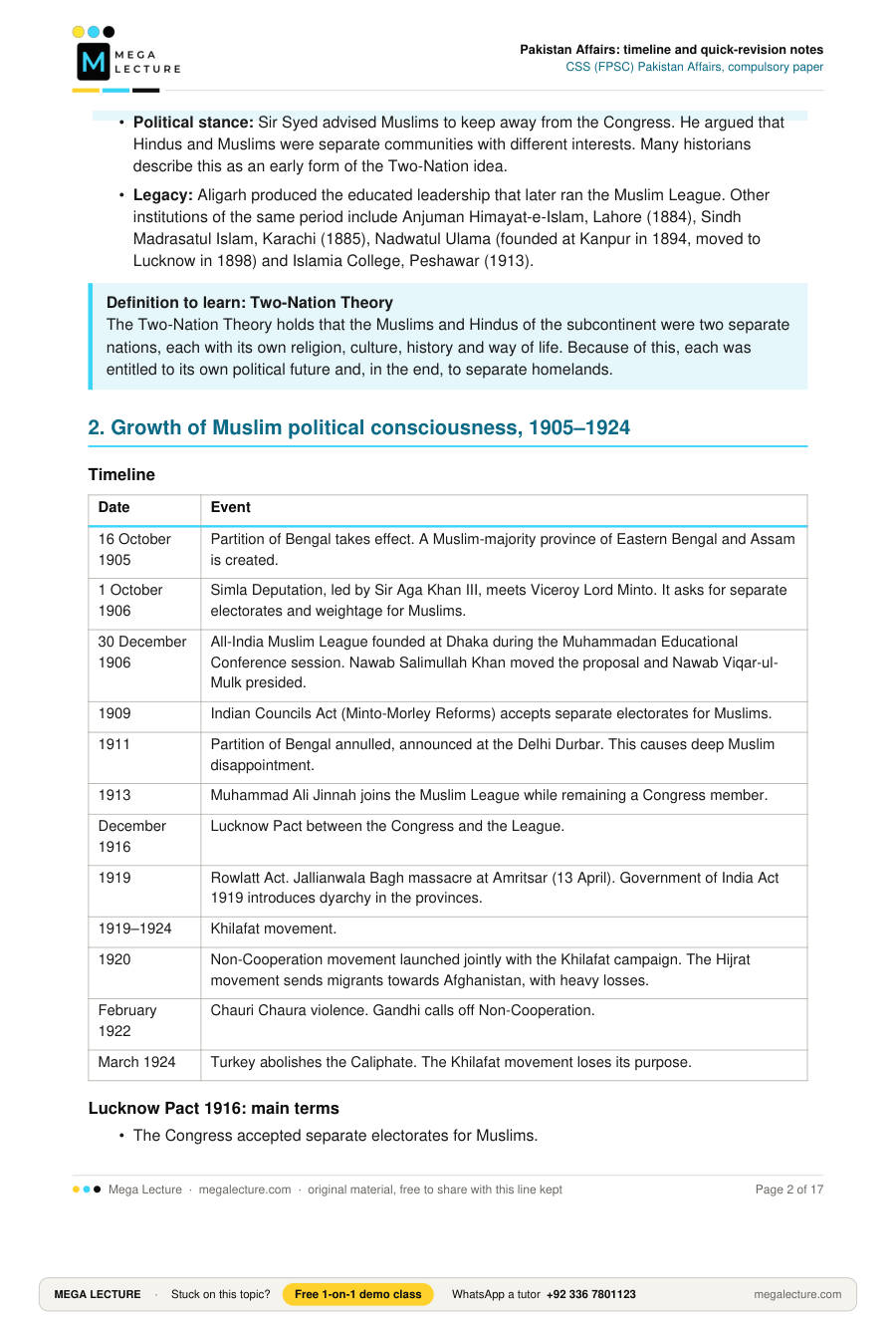 Page 2 of Pakistan Affairs: timeline and quick-revision notes