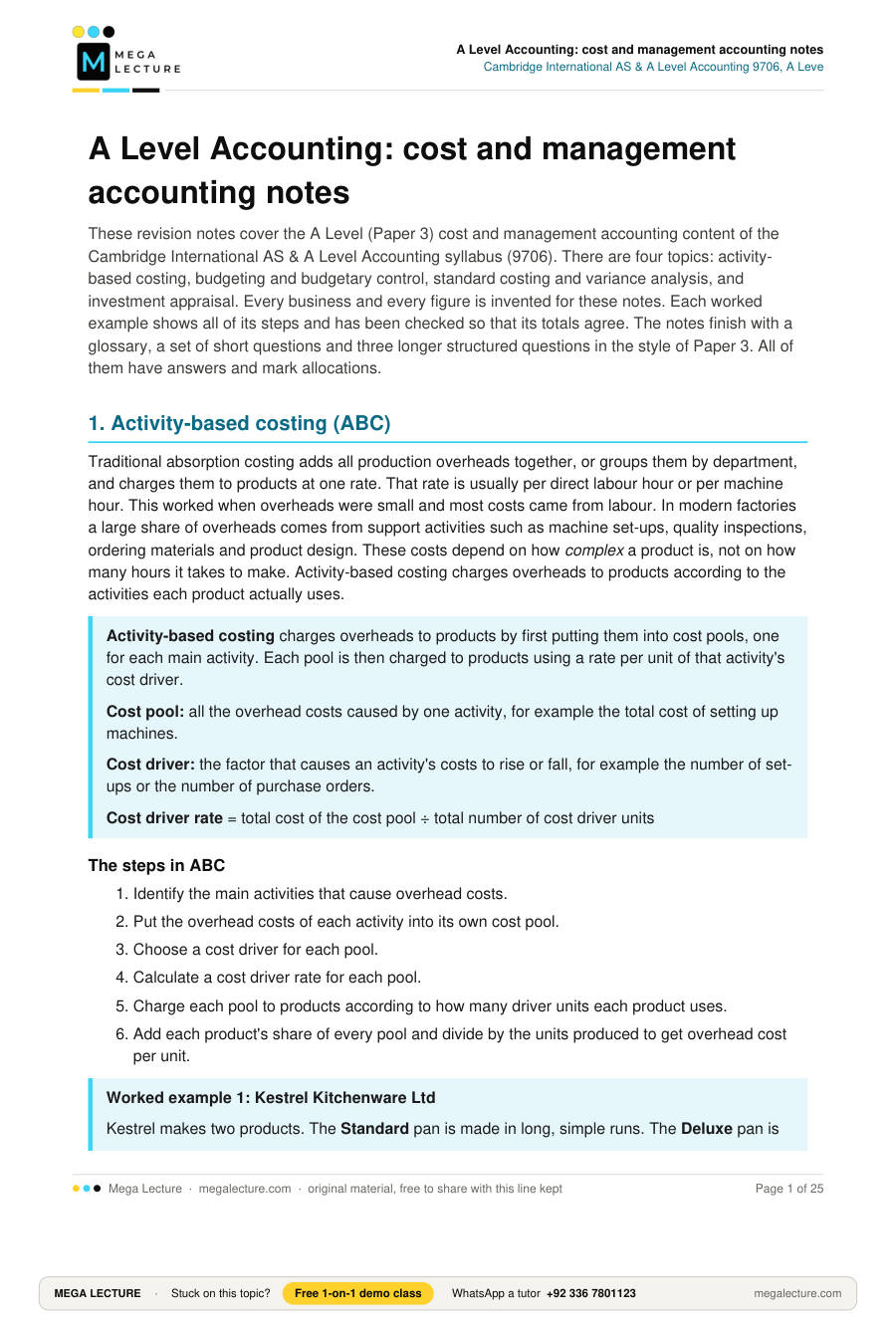 Page 1 of A Level Accounting: cost and management accounting notes