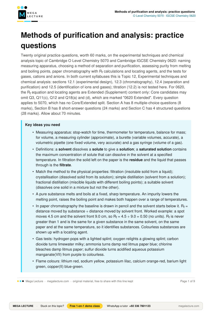 Page 1 of Methods of purification and analysis: practice questions