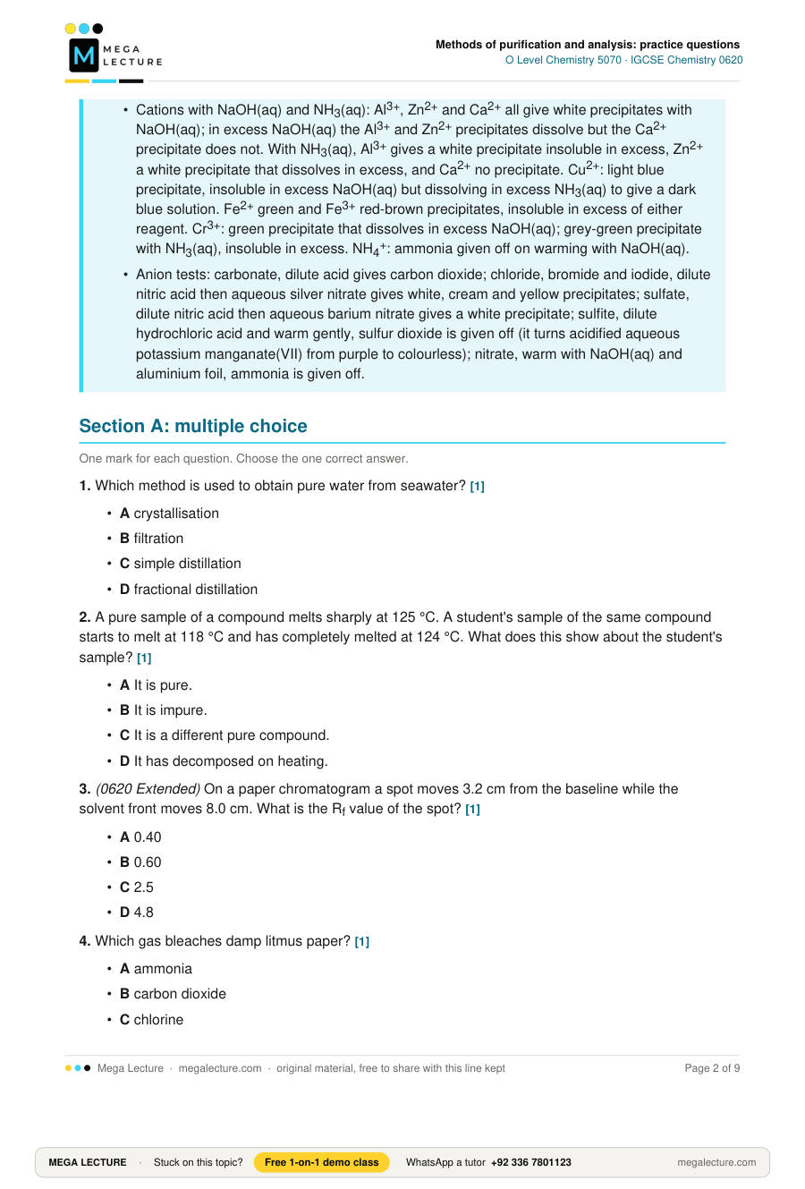 Page 2 of Methods of purification and analysis: practice questions
