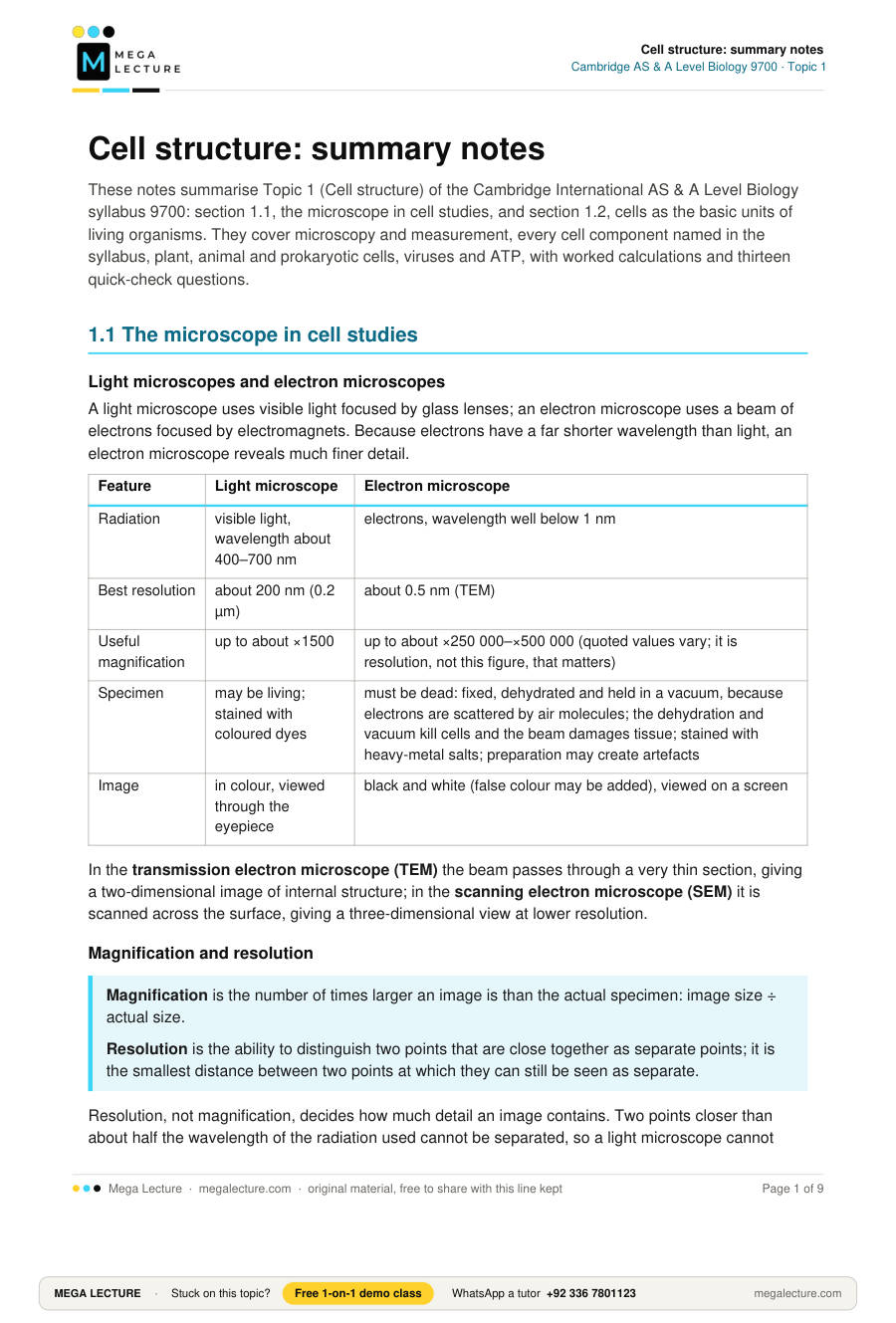 Page 1 of Cell structure: summary notes