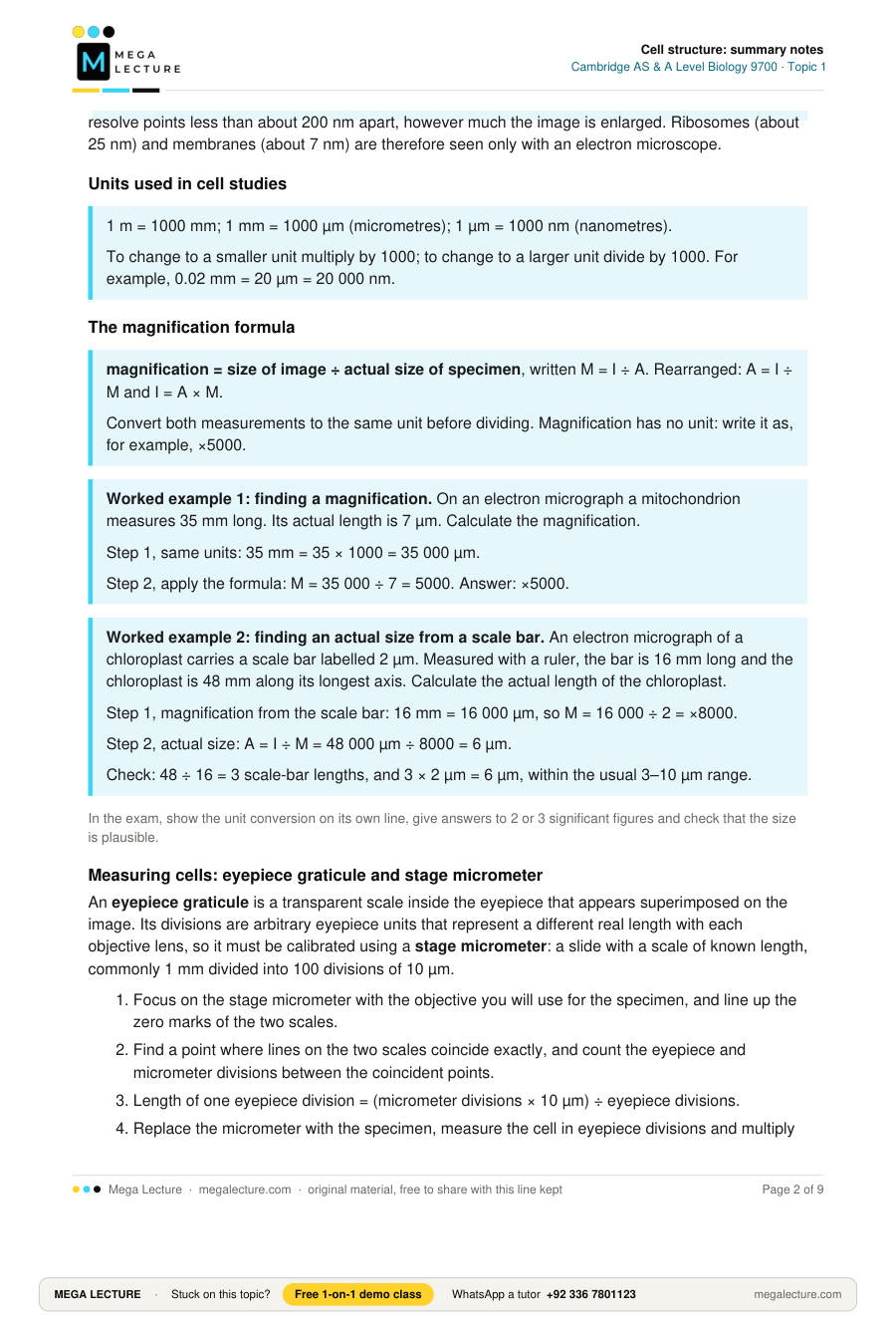 Page 2 of Cell structure: summary notes