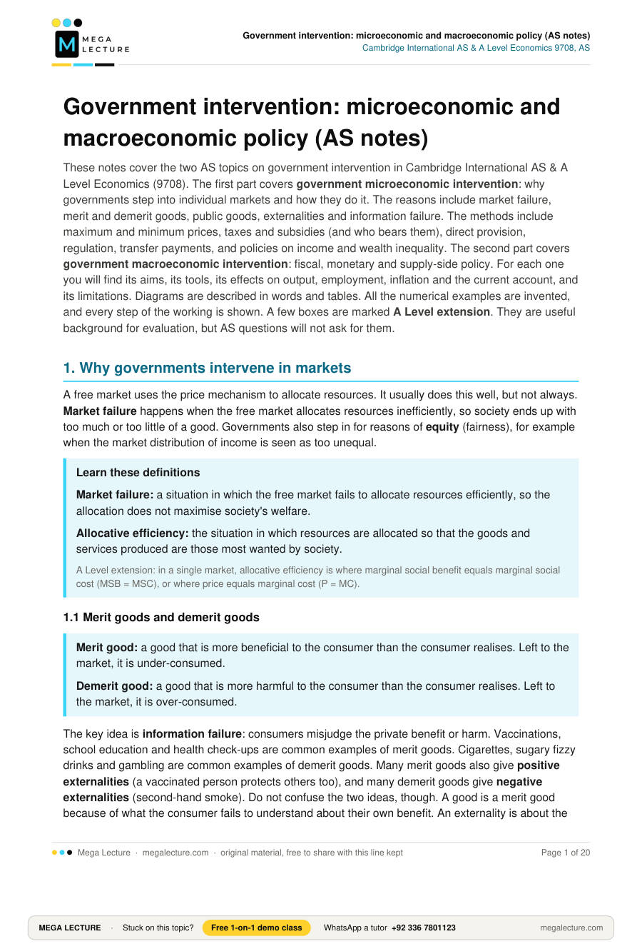 Page 1 of Government intervention: microeconomic and macroeconomic policy (AS notes)
