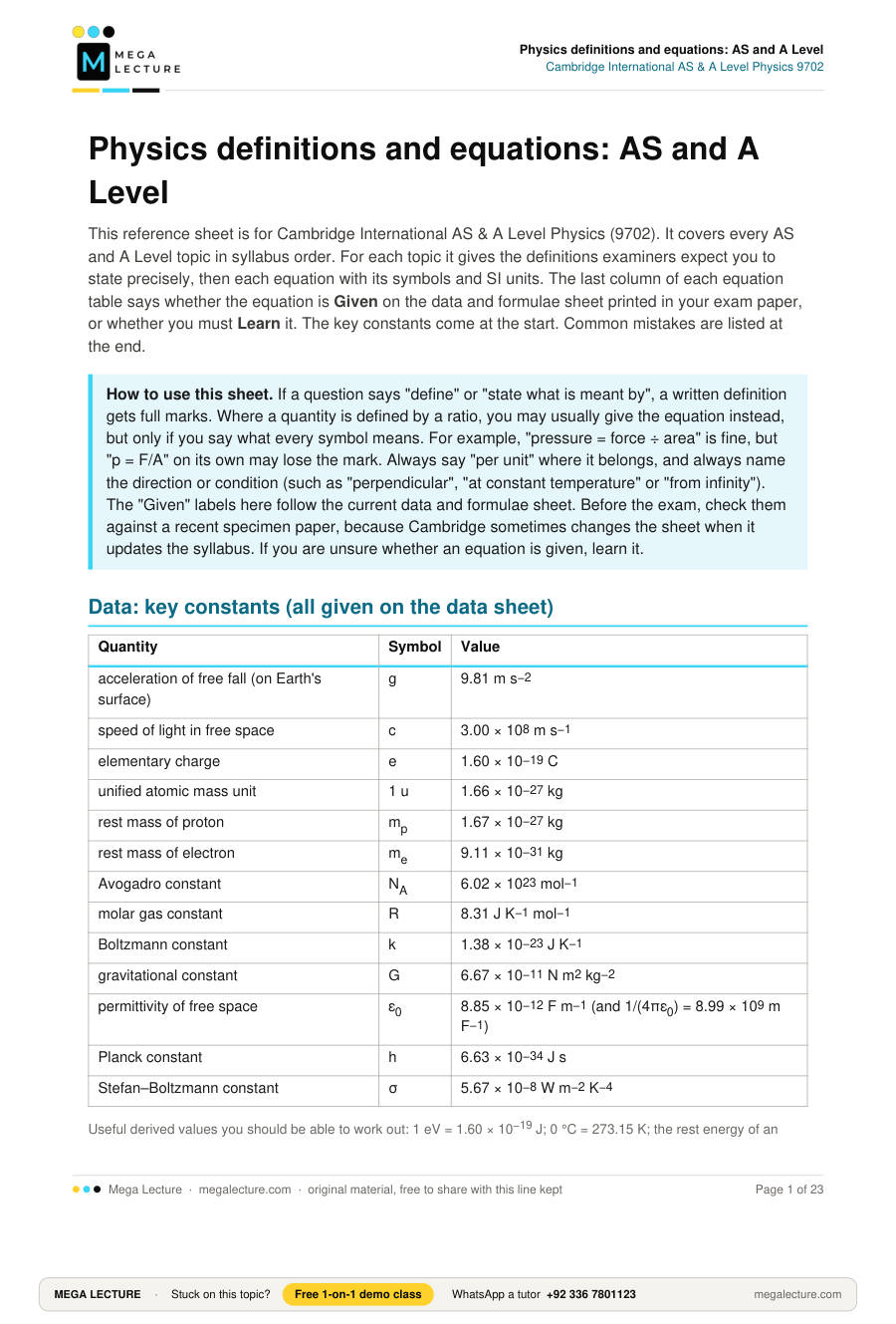 Page 1 of Physics definitions and equations: AS and A Level