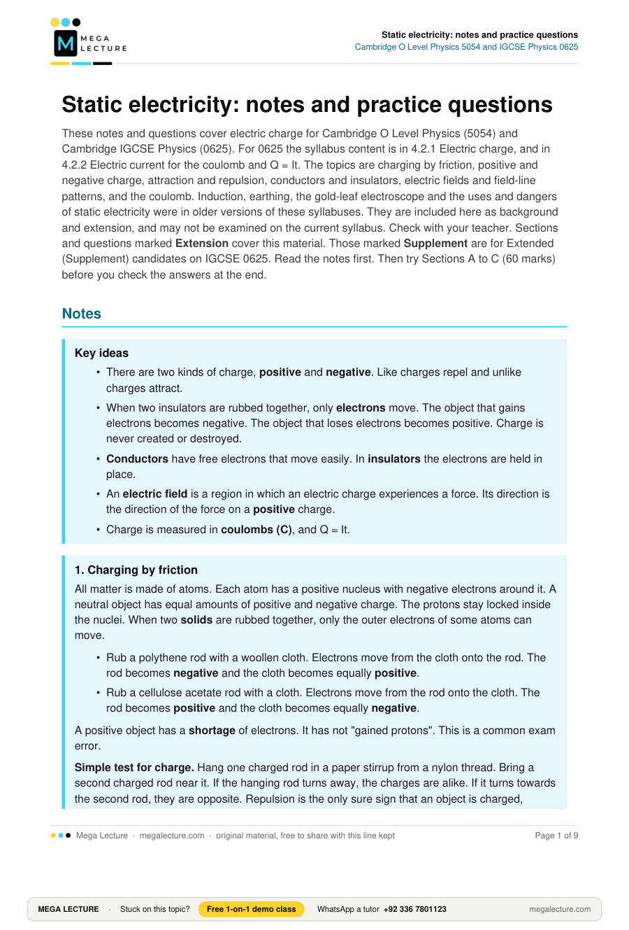 Page 1 of Static electricity: notes and practice questions