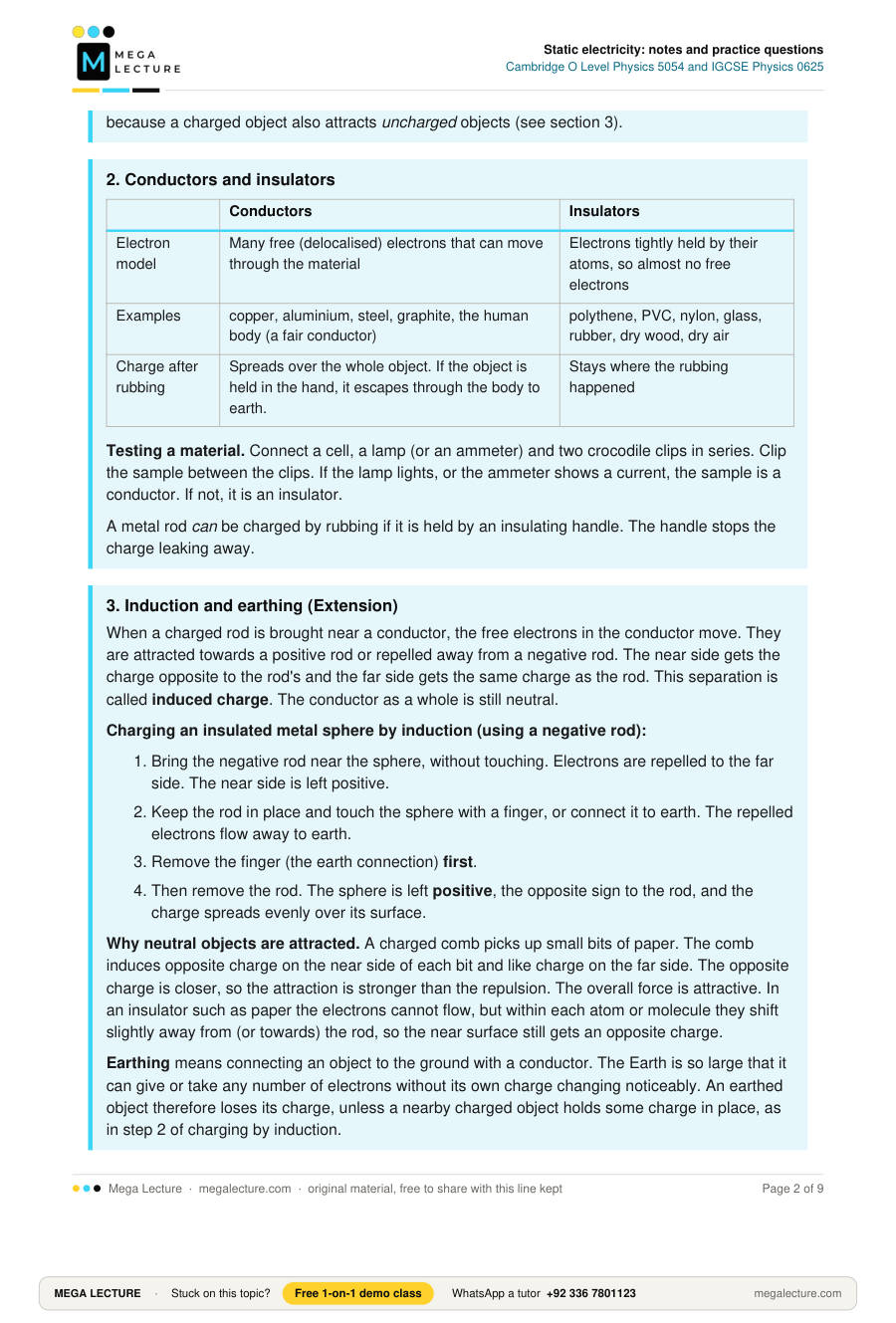 Page 2 of Static electricity: notes and practice questions