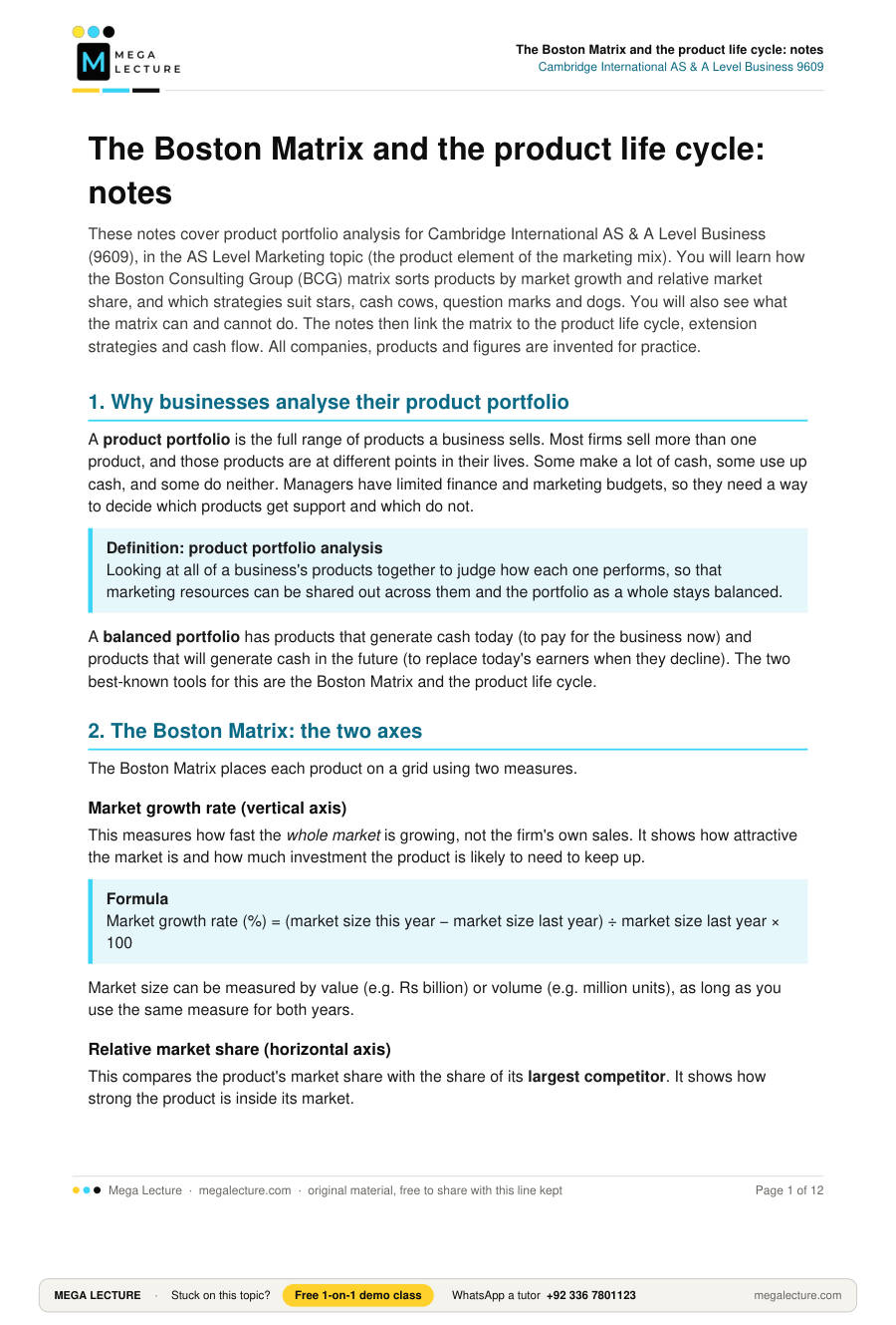 Page 1 of The Boston Matrix and the product life cycle: notes