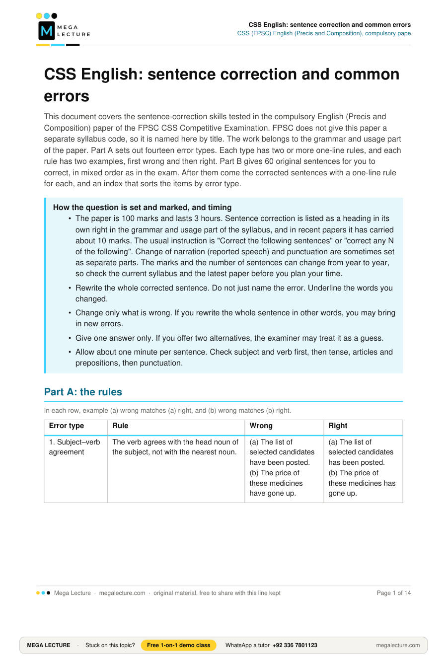 Page 1 of CSS English: sentence correction and common errors