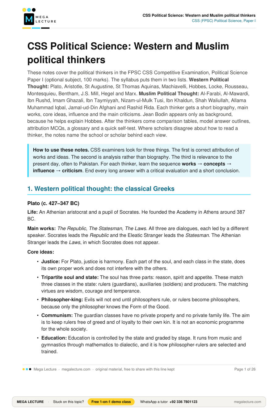 Page 1 of CSS Political Science: Western and Muslim political thinkers
