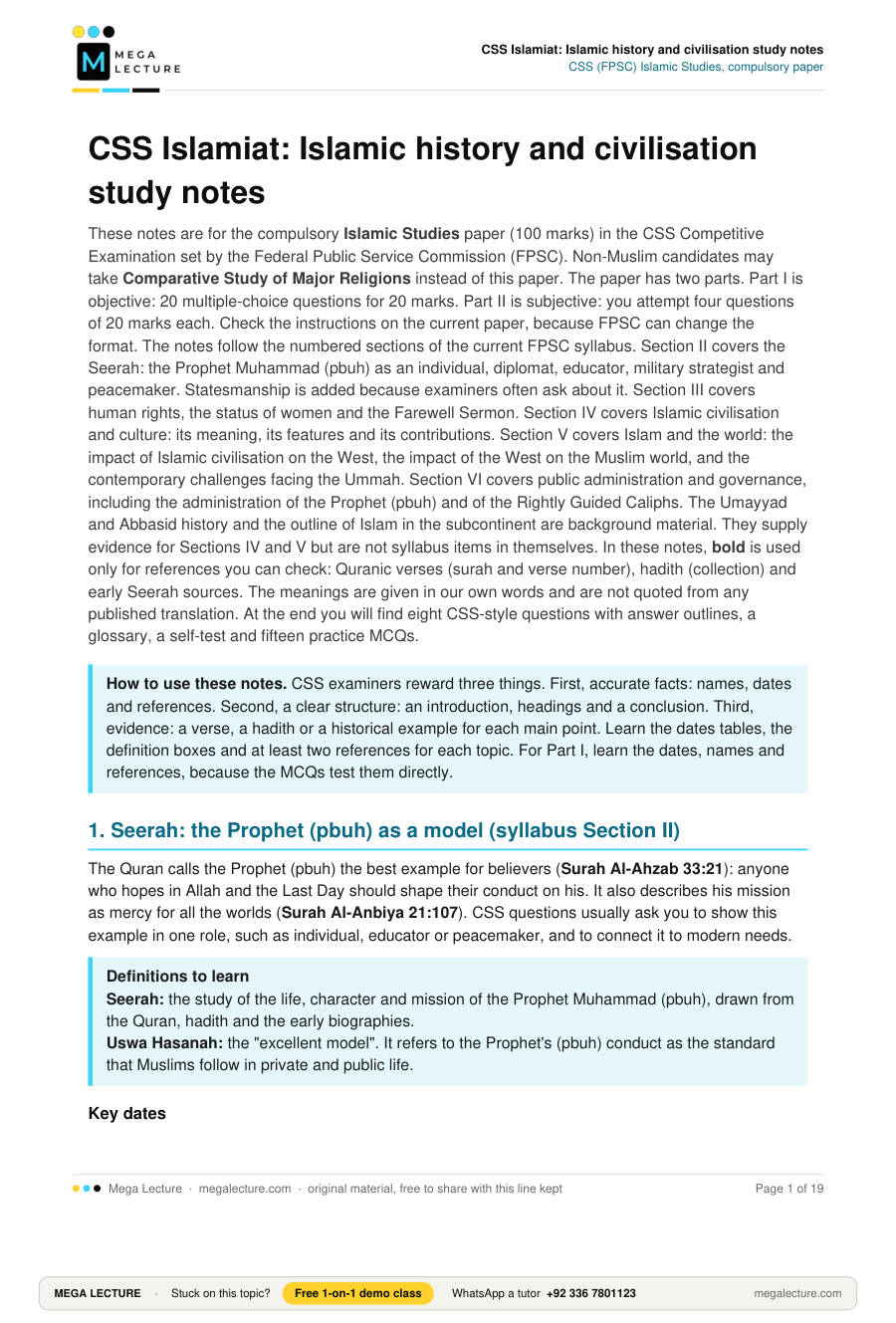 Page 1 of CSS Islamiat: Islamic history and civilisation study notes