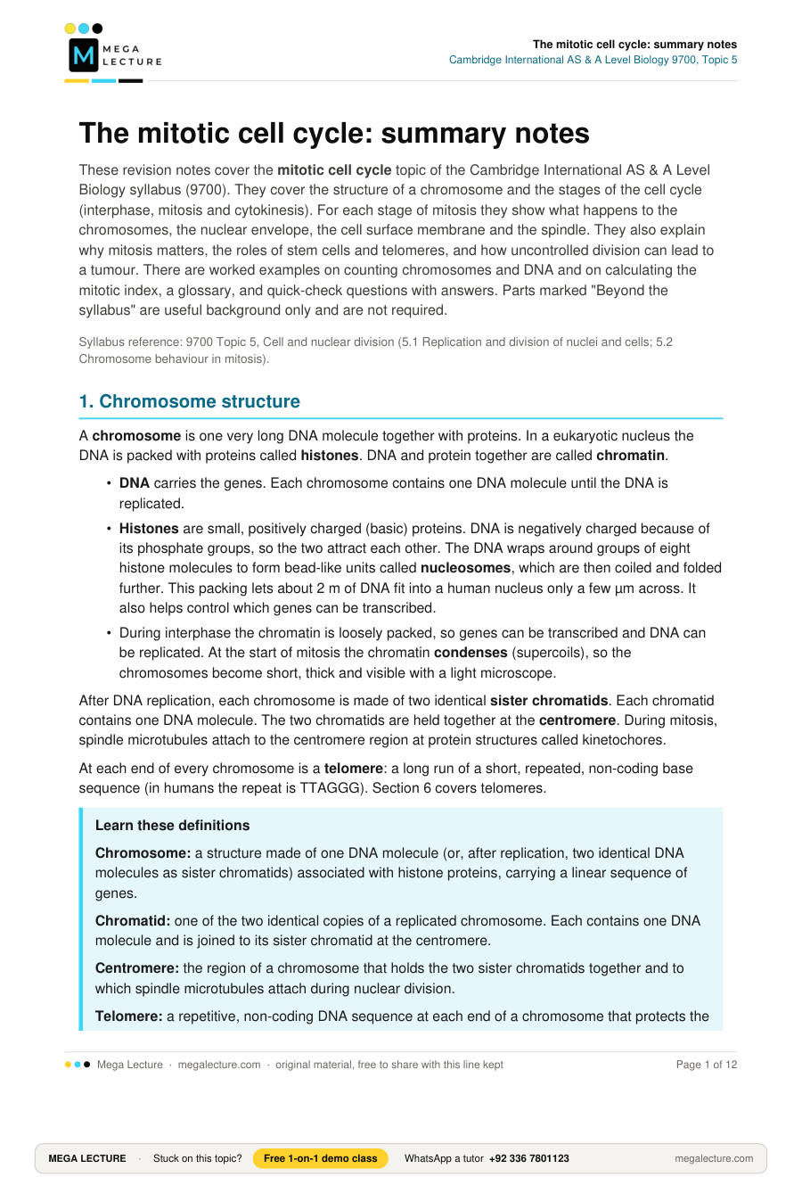 Page 1 of The mitotic cell cycle: summary notes